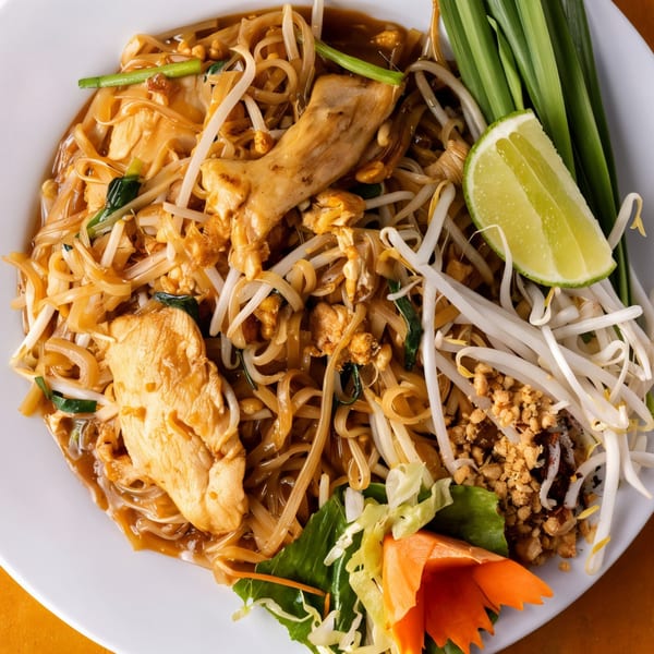 Dancing Crab Thai's Pad See Ew with chicken, wide noodles, bean sprouts, and lime.