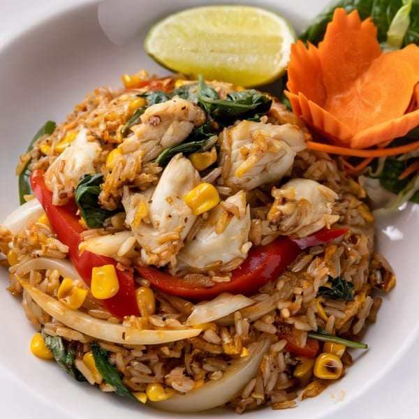 Crab fried rice with red bell peppers, corn, onions, and basil, garnished with a lime wedge and carrot flower.