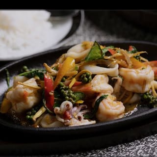 Sizzling Seafood with Basil Sauce